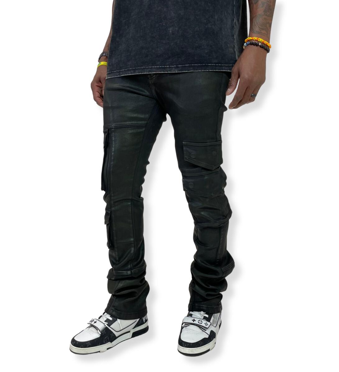 VICIOUS DENIM VEGAN LEATHER STACKED PANTS VC.257 'BLACK'
