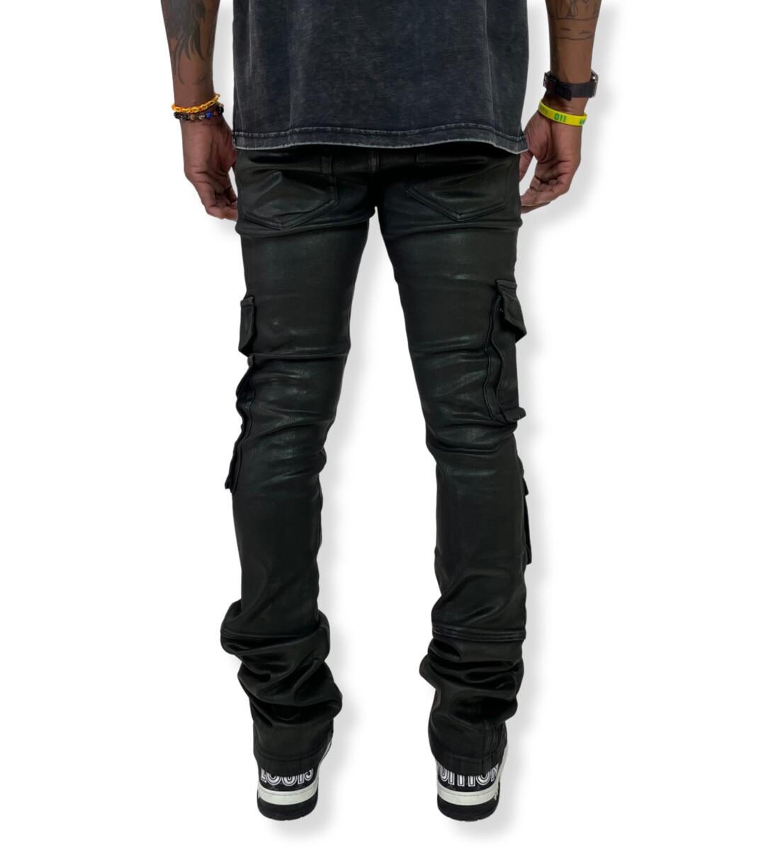 VICIOUS DENIM VEGAN LEATHER STACKED PANTS VC.257 'BLACK'