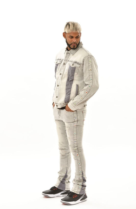 VICIOUS DENIM JEANS /SUEDE CUT / SEW AND PEARL VC612 LIGHT GREY