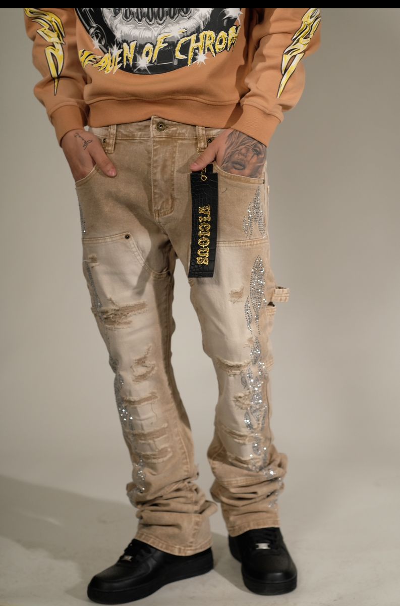 VICIOUS CARPENTER FLARE DENIM W/ RHINSTONE DETAILS (VC654 ACID TAN)
