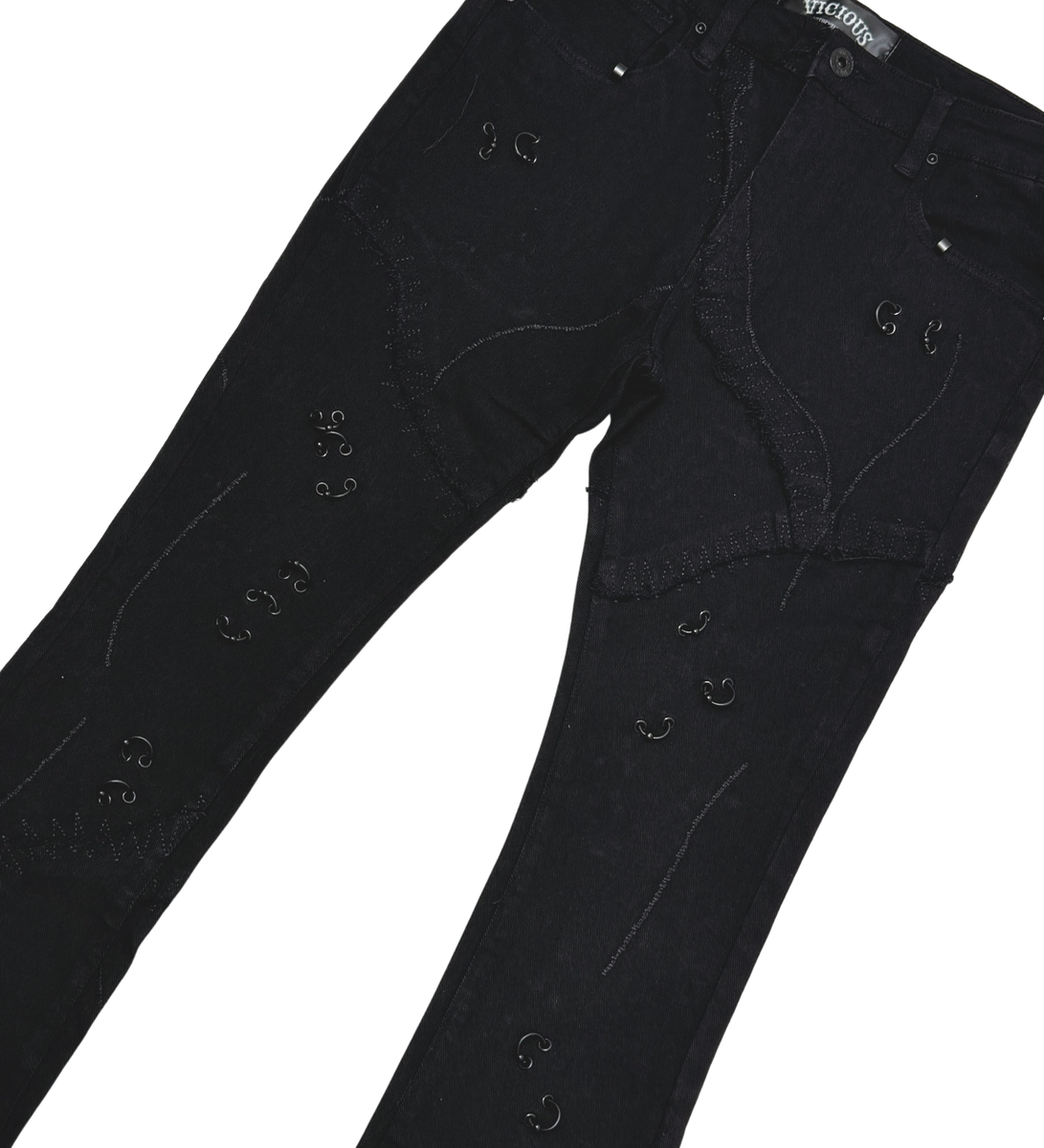 VICIOUS RIP & REPAIR FLARE DENIM W/ METAL RING DETAILS (VC633 BLACK.)