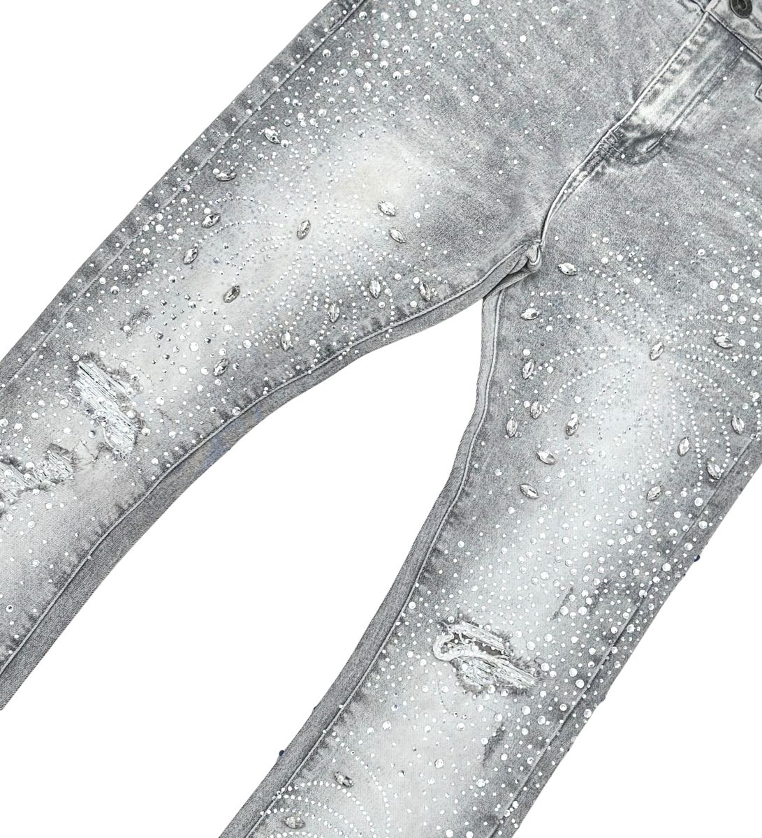 VICIOUS EMBELLISHED RHINESTONE FLARED DENIM VC951 GREY