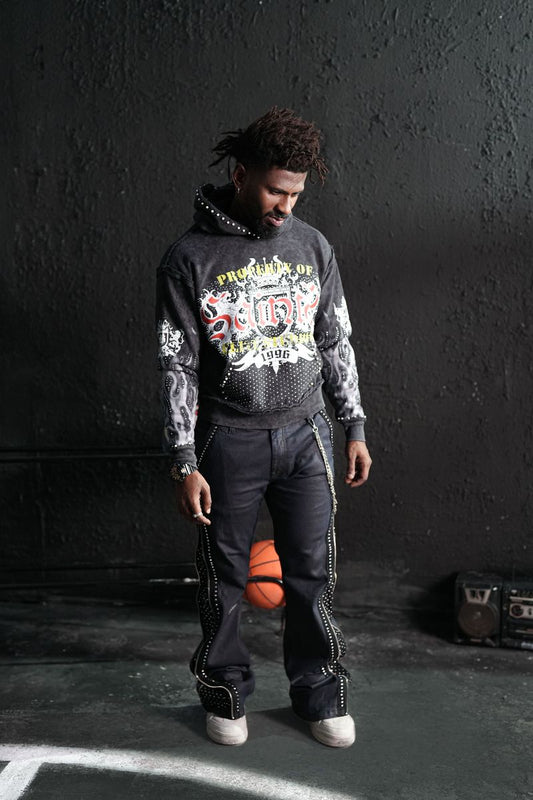 ELITE Saints Washed Rhinestone + Pearls Hoodie/Black 1062-D-BLK