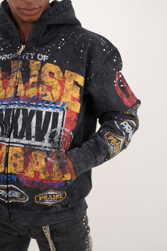 ELITE Praise Black Washed Rhinestone + Pearls Zip-Up
