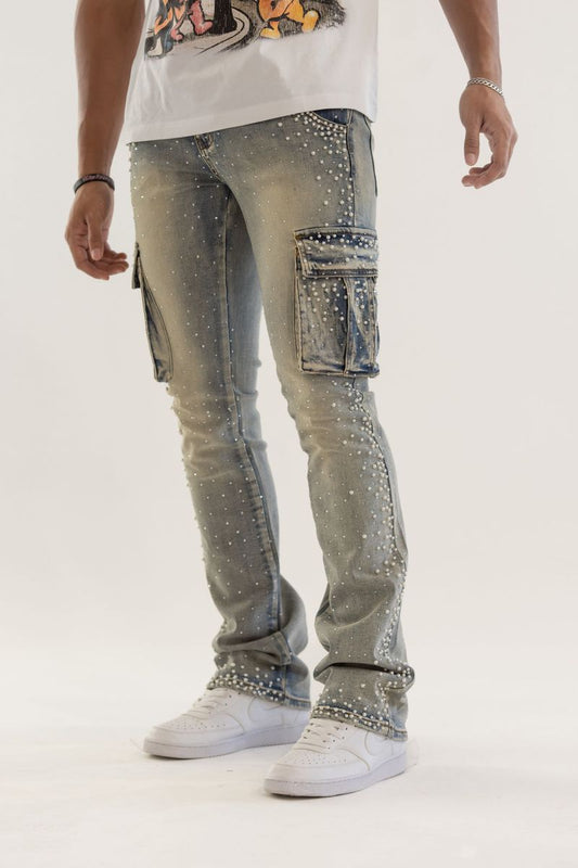 KD RHINESTONE & PEARL STACK DENIM (KD2239 BLUE)