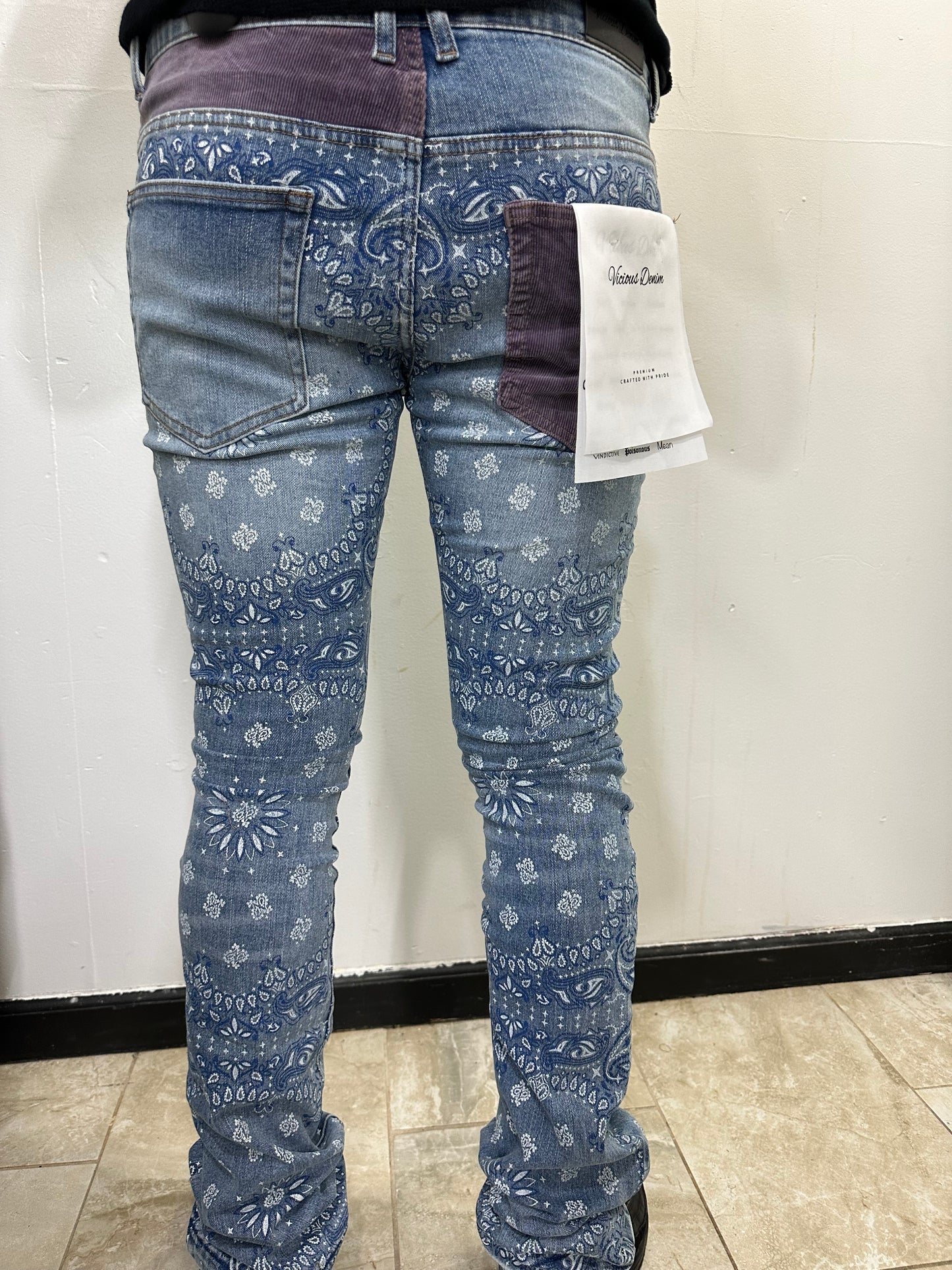 VICIOUS BANDANA PRINT/CORD TRIM STACK DENIM VC224 CLASSIC BLUE