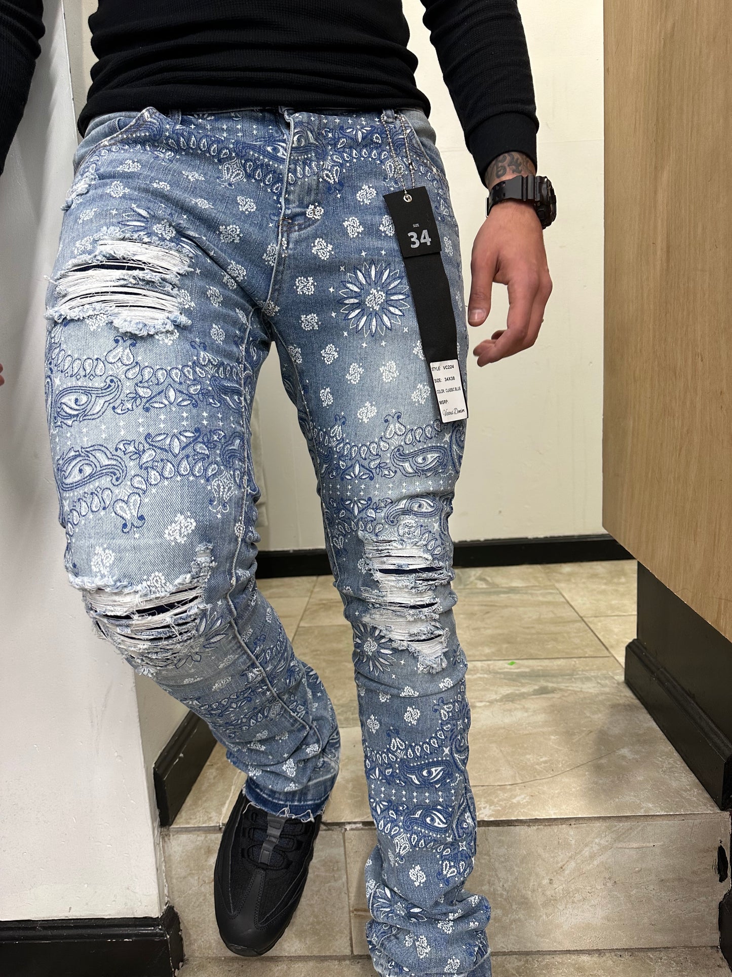 VICIOUS BANDANA PRINT/CORD TRIM STACK DENIM VC224 CLASSIC BLUE