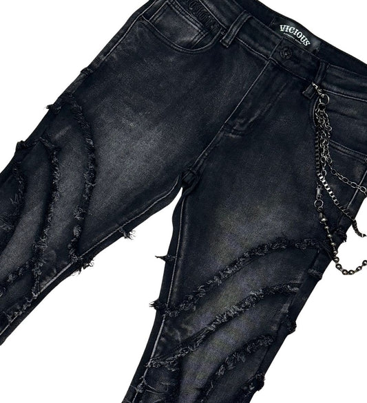 VICIOUS DENIM FRAY RIPPED FLARE DENIM W/MULTI CHAINS VC690-BLACK