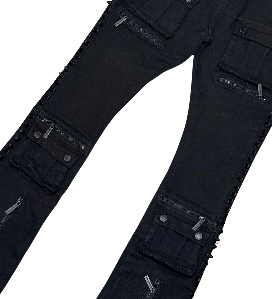 VICIOUS MULTI CARGO FLARE DENIM W/ZIPPER & SPIKE DETAIL VC664-BLACK