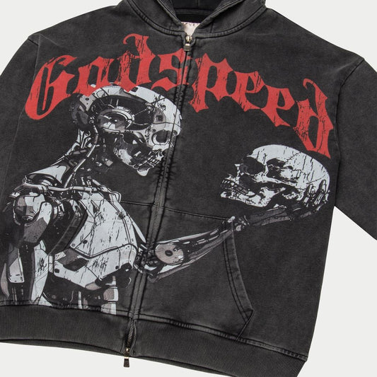 GOD SPEED MANKIND-VS-AI-ZIP-UP HOODIE-BLACK-WASH