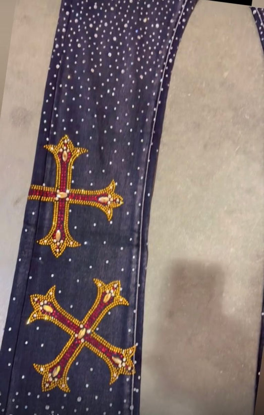 EMBELLISHED RHINESTONE FLARED DENIM VC953-BLK