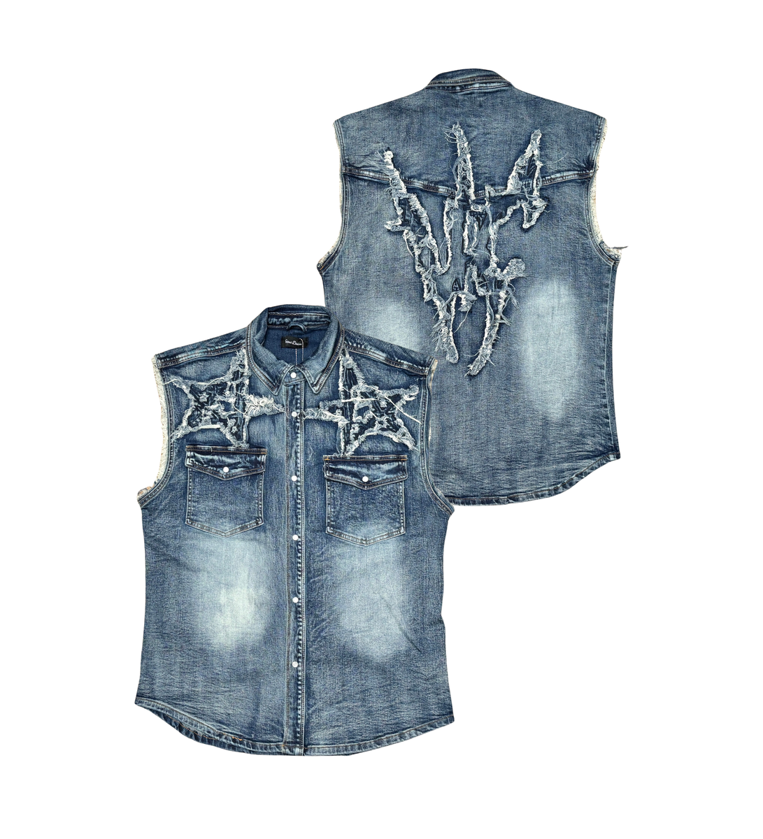 VICIOUS CUT-OUT DENIM SLEEVELESS SHIRT (VC-452 INDIGO)