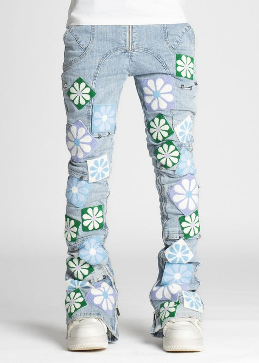 GUAPI Aqua Blue Flowers Denim