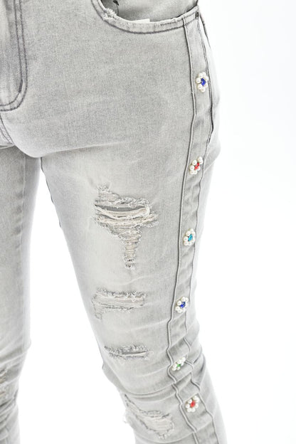 VICIOUS DENIM JEANS /SUEDE CUT / SEW AND PEARL VC612 LIGHT GREY