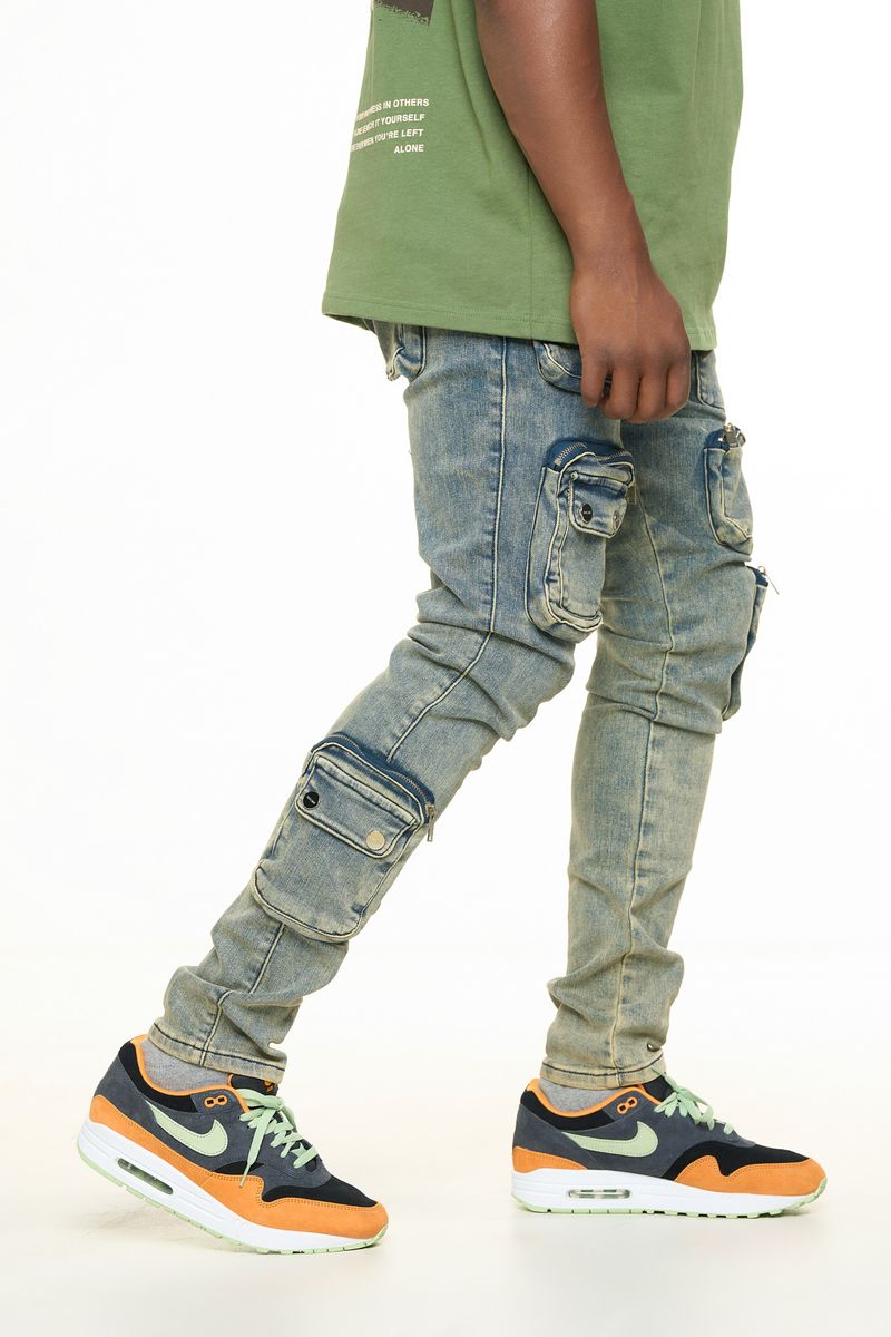 PHEELINGS "LUCID DREAMS" CARGO SKINNY DENIM (PH-SS24-87)-MEDIUM BLUE/SAND