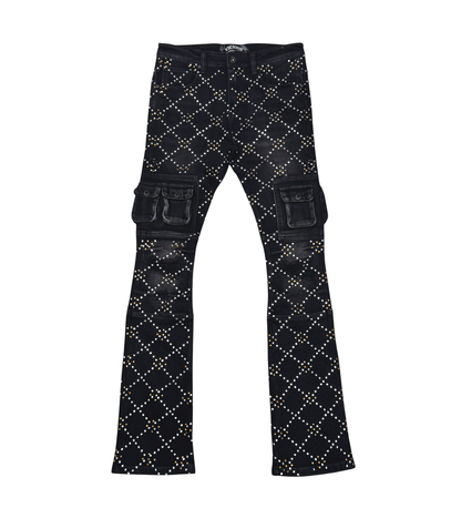 VICIOUS TWO TONE RHINESTONE CARGO FLARE DENIM (VC755 BLACK DENIM)