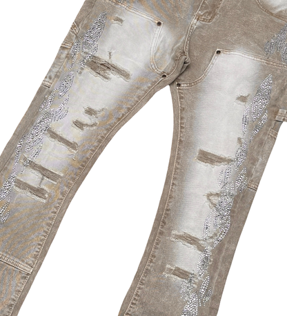 VICIOUS CARPENTER FLARE DENIM W/ RHINSTONE DETAILS (VC654 ACID TAN)