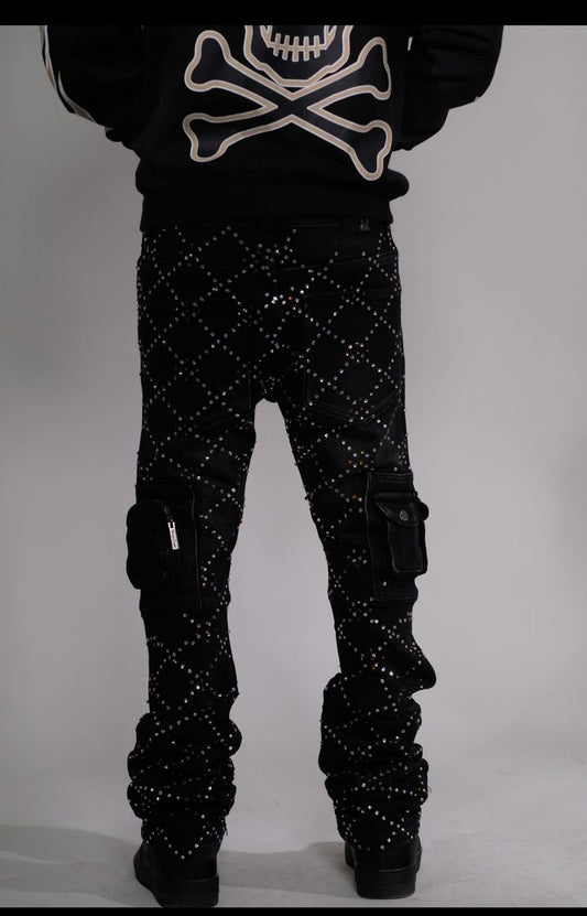 VICIOUS TWO TONE RHINESTONE CARGO FLARE DENIM (VC755 BLACK DENIM)