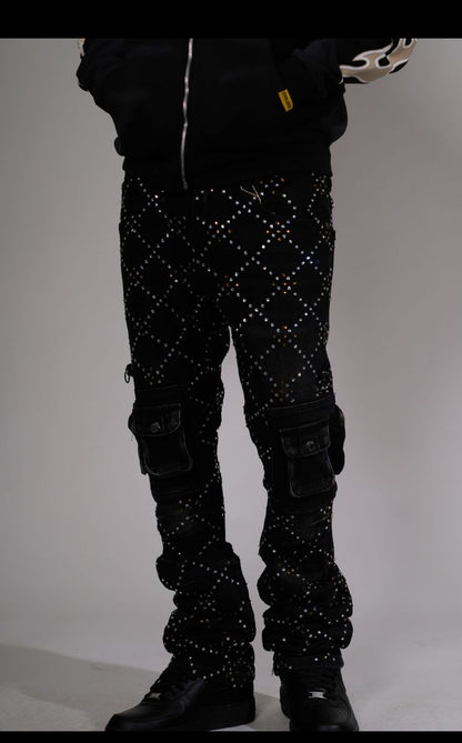 VICIOUS TWO TONE RHINESTONE CARGO FLARE DENIM (VC755 BLACK DENIM)