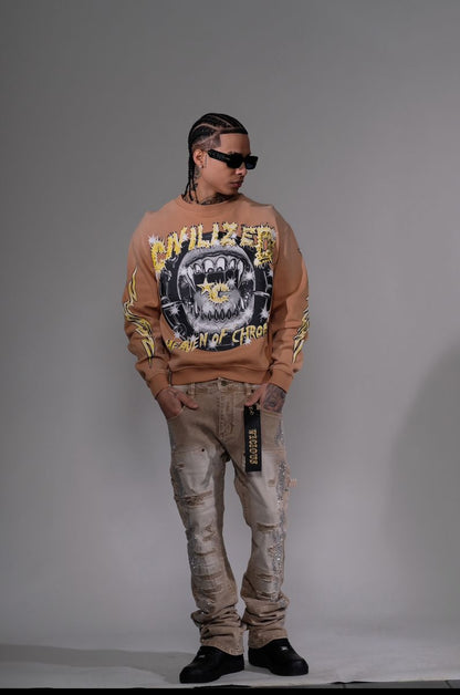 VICIOUS CARPENTER FLARE DENIM W/ RHINSTONE DETAILS (VC654 ACID TAN)