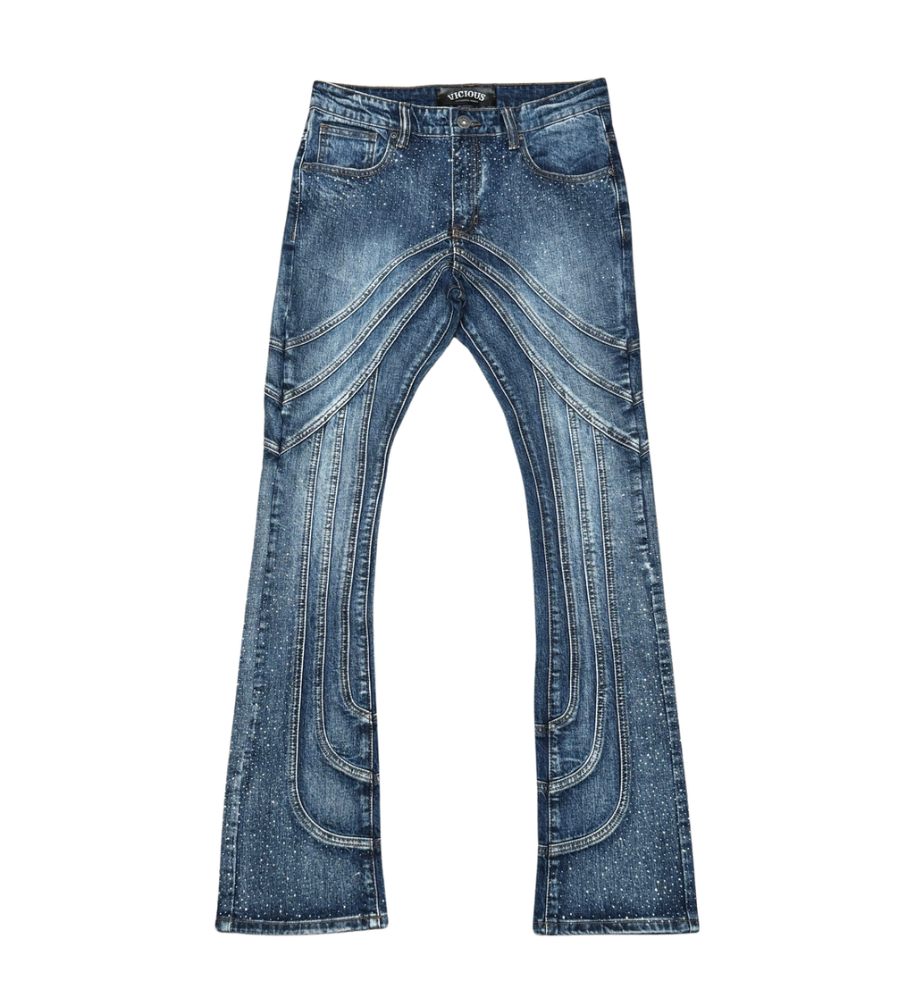 VICIOUS FLARE DENIM W/ MINI RHINESTONE & STITCHING VC748 MD BLUE