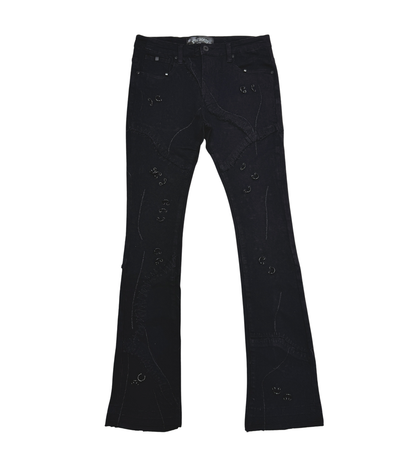 VICIOUS RIP & REPAIR FLARE DENIM W/ METAL RING DETAILS (VC633 BLACK.)