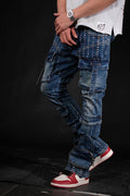 VICIOUS SILVER STUDDED MULTI CARGO FLARE DENIM VC746 MED BLUE