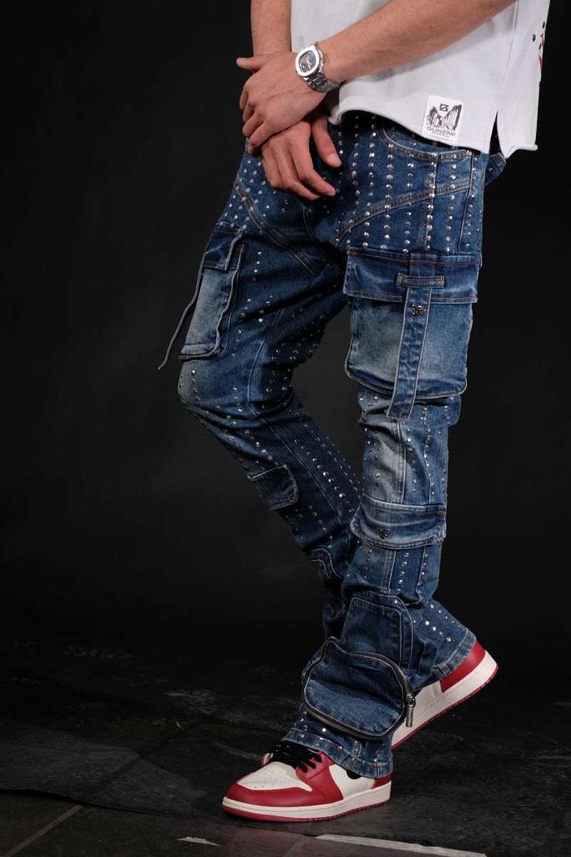 VICIOUS SILVER STUDDED MULTI CARGO FLARE DENIM VC746 MED BLUE