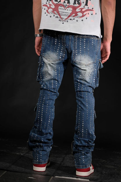 VICIOUS SILVER STUDDED MULTI CARGO FLARE DENIM VC746 MED BLUE