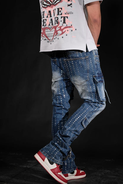 VICIOUS SILVER STUDDED MULTI CARGO FLARE DENIM VC746 MED BLUE