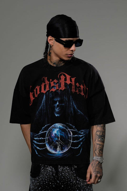 STRAY WIDE & CROP FIT  WITH 3/4 SLEEVE T SHIRT ST1350-BLK