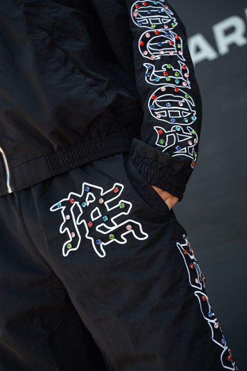 Mixed Emotions 'ME' Rhinestone Nylon Pants