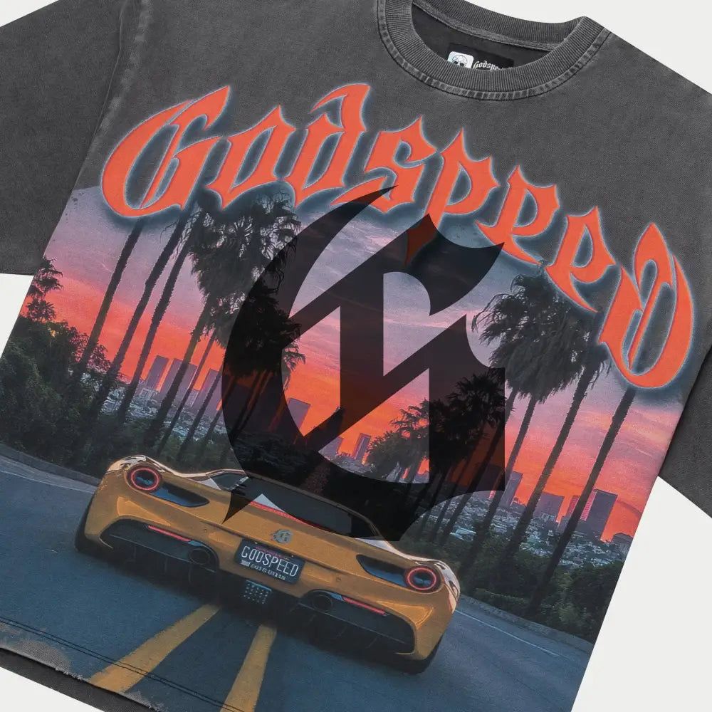 GOD SPEED SUNSET-BLVD-GREY-WASH T SHIRT