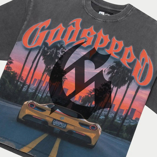 GOD SPEED SUNSET-BLVD-GREY-WASH T SHIRT