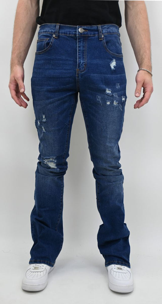 ARMOR Mid Blue Ripped Stacked Jeans