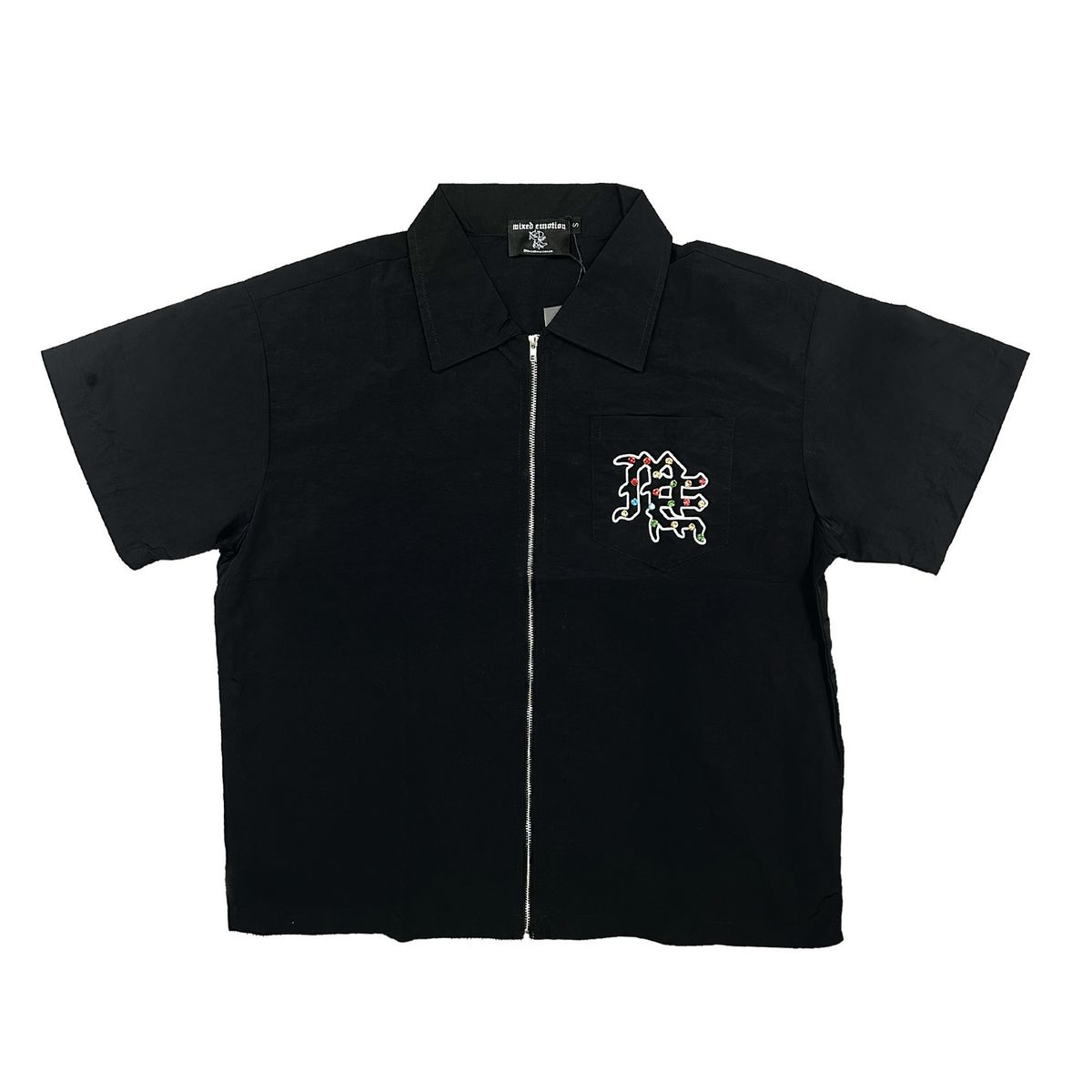 Mixed Emotion “ME Rhinestone Nylon Zip Up Shirt