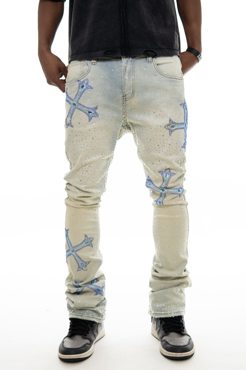 VICIOUS EMBELLISHED RHINESTONE FLARED DENIM VC953-LIGHT BLUE