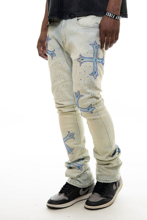EMBELLISHED RHINESTONE FLARED DENIM VC953-LIGHT BLUE