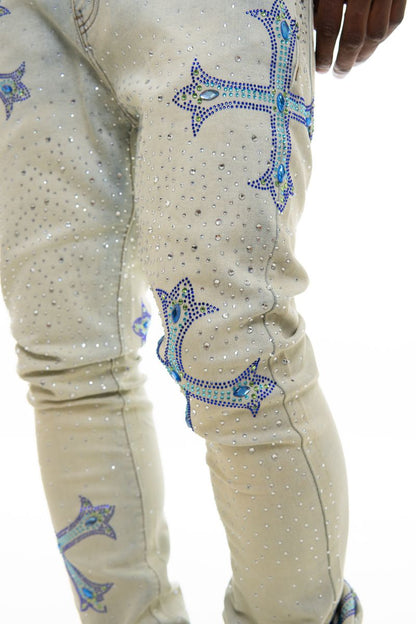 VICIOUS EMBELLISHED RHINESTONE FLARED DENIM VC953-LIGHT BLUE