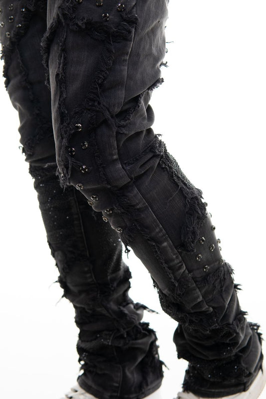 VICIOUS BOXY RIP & REPAIR FLARE DENIM W/ FRAY DETAILS VC627 BLACK