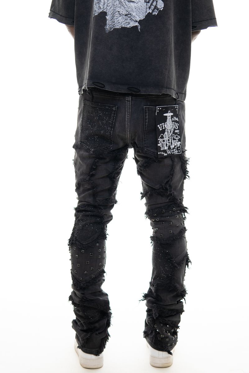 VICIOUS BOXY RIP & REPAIR FLARE DENIM W/ FRAY DETAILS VC627 BLACK