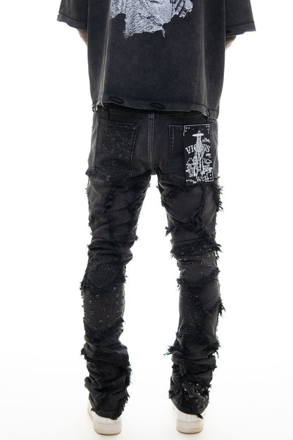 VICIOUS BOXY RIP & REPAIR FLARE DENIM W/ FRAY DETAILS VC627 BLACK
