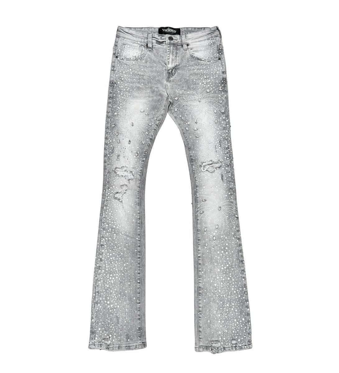 VICIOUS EMBELLISHED RHINESTONE FLARED DENIM VC951 GREY