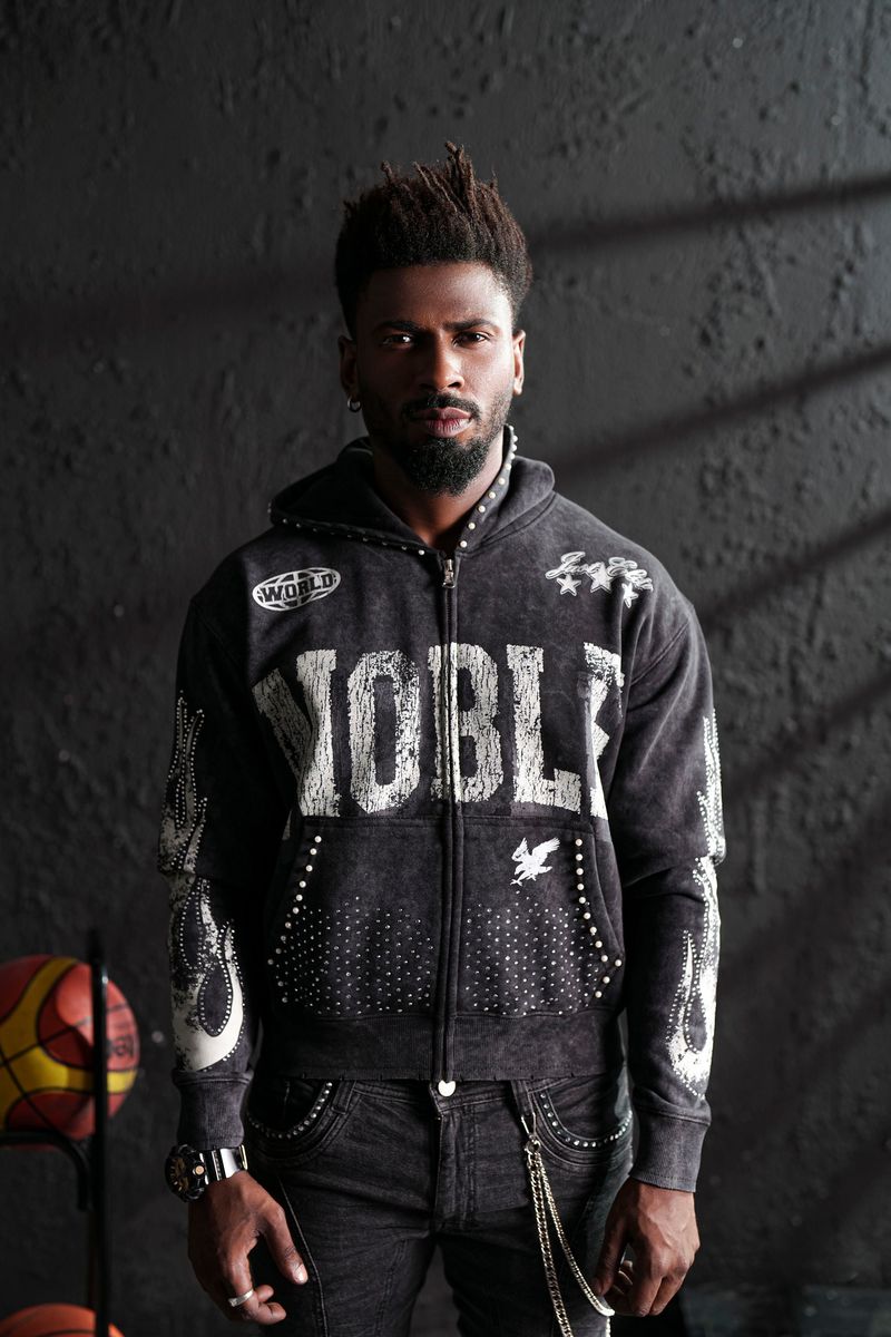 ELITE Noble White/Black Washed Rhinestone + Pearls Zip-Up