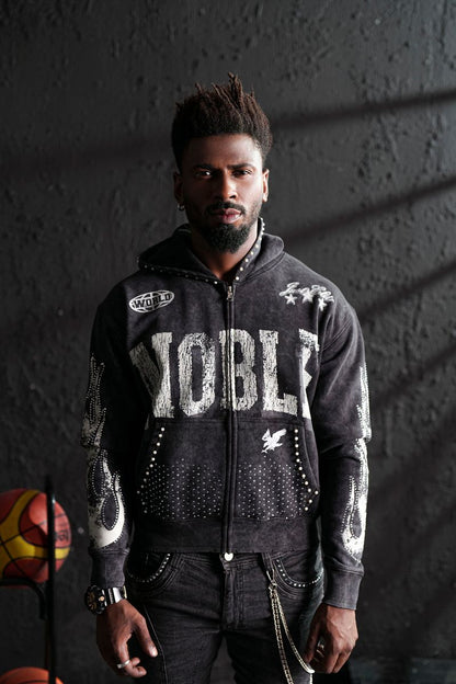 ELITE Noble White/Black Washed Rhinestone + Pearls Zip-Up