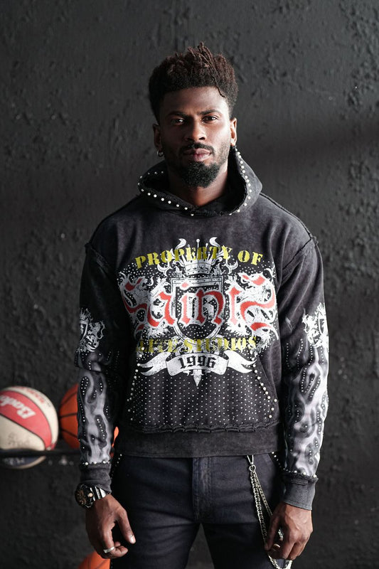 ELITE Saints Washed Rhinestone + Pearls Hoodie/Black 1062-D-BLK