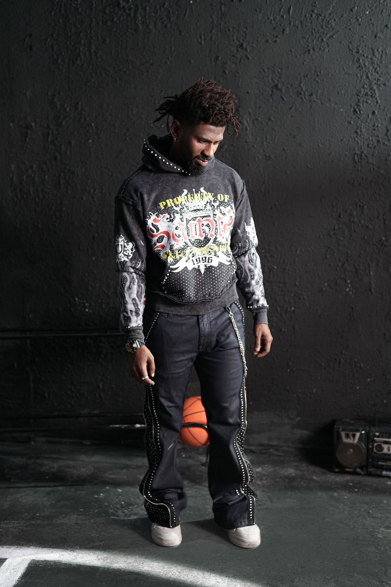 ELITE Saints Washed Rhinestone + Pearls Hoodie/Black 1062-D-BLK