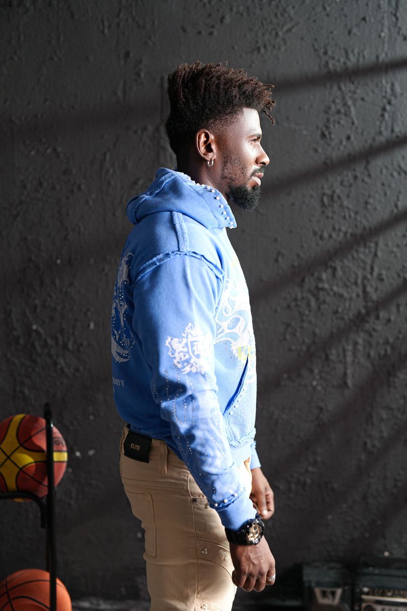 ELITE Saints Washed Rhinestone + Pearls Hoodie / BLUE 1072-D-BLUE