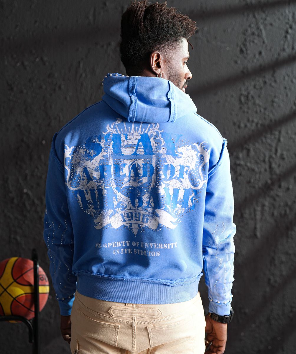 ELITE Saints Washed Rhinestone + Pearls Hoodie / BLUE 1072-D-BLUE