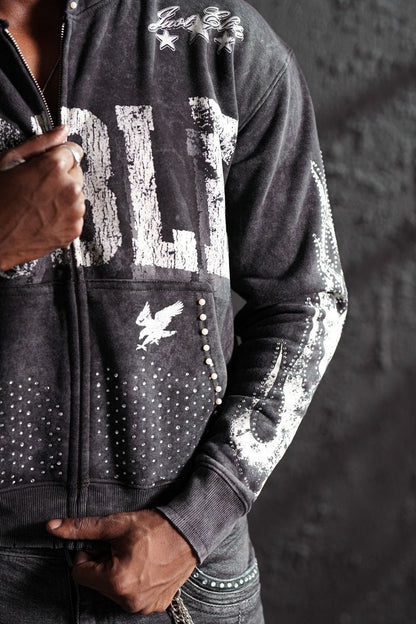 ELITE Noble White/Black Washed Rhinestone + Pearls Zip-Up